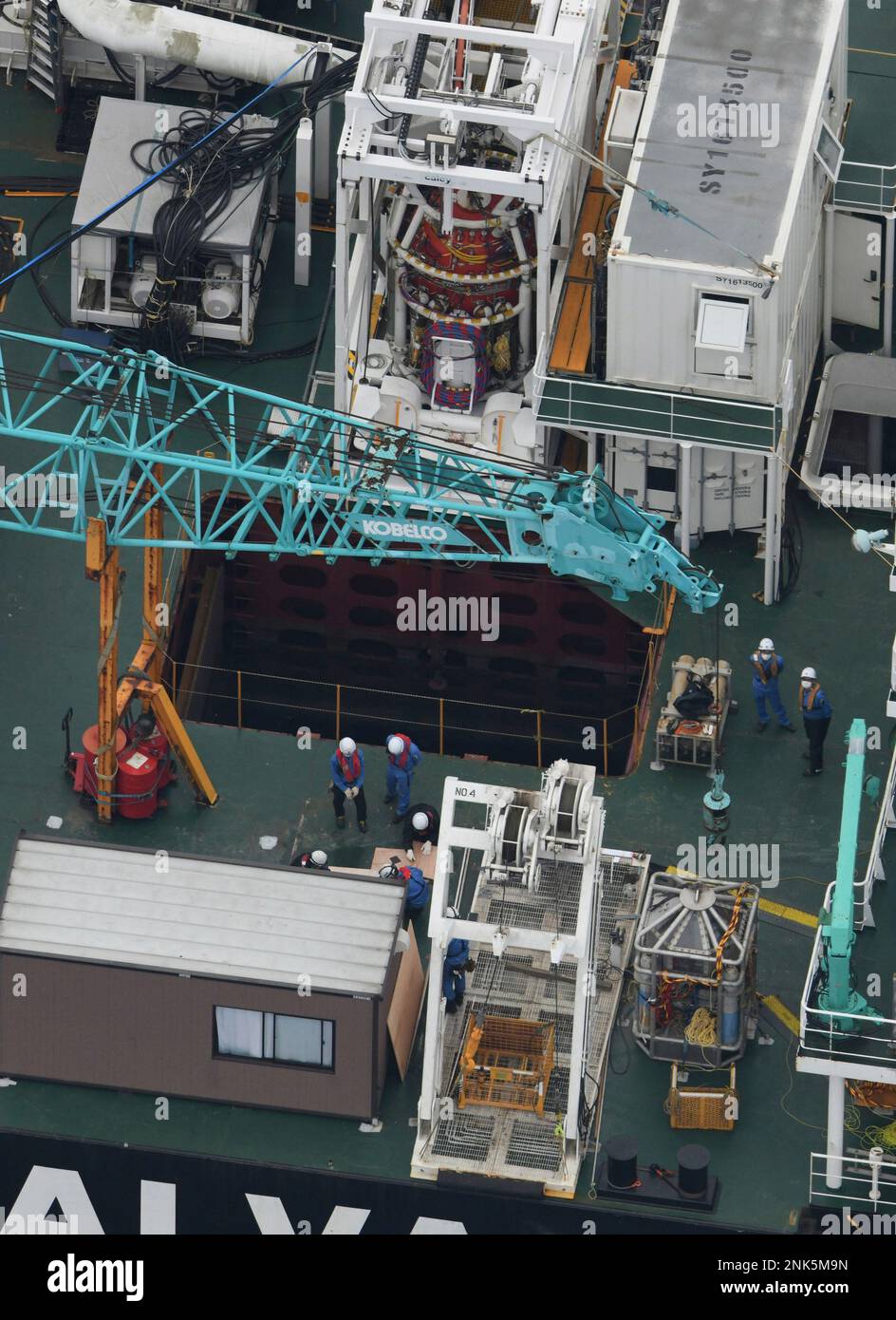 An aerial picture shows a private work ship "Kaishin" of Nippon Salvage