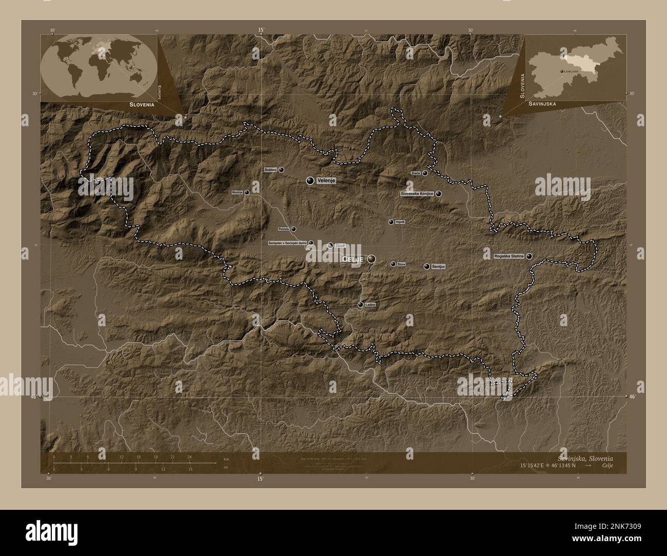Savinjska, región estadística de Eslovenia. Mapa de elevación coloreado