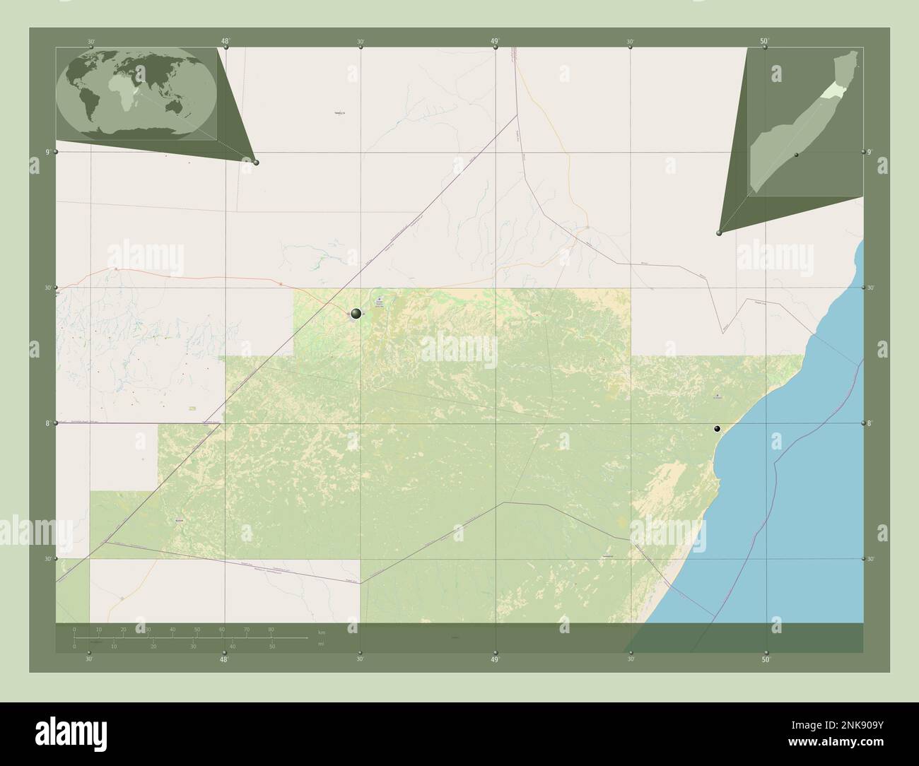 Nugaal, región de Somalia continental. Abrir Street Map. Ubicaciones de
