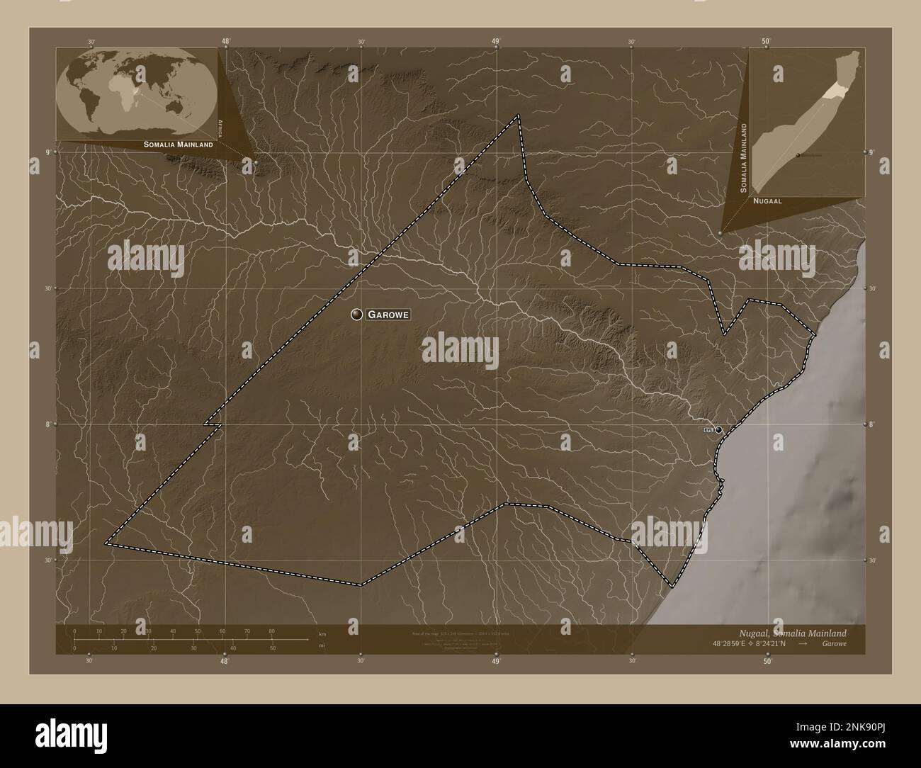Nugaal, región de Somalia continental. Mapa de elevación coloreado en
