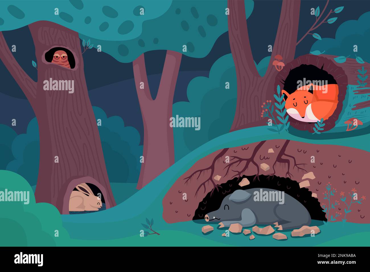 Noche en fondo de dibujos animados del bosque con animales salvajes durmiendo en árbol hueco o madriguera plana ilustración vectorial Ilustración del Vector