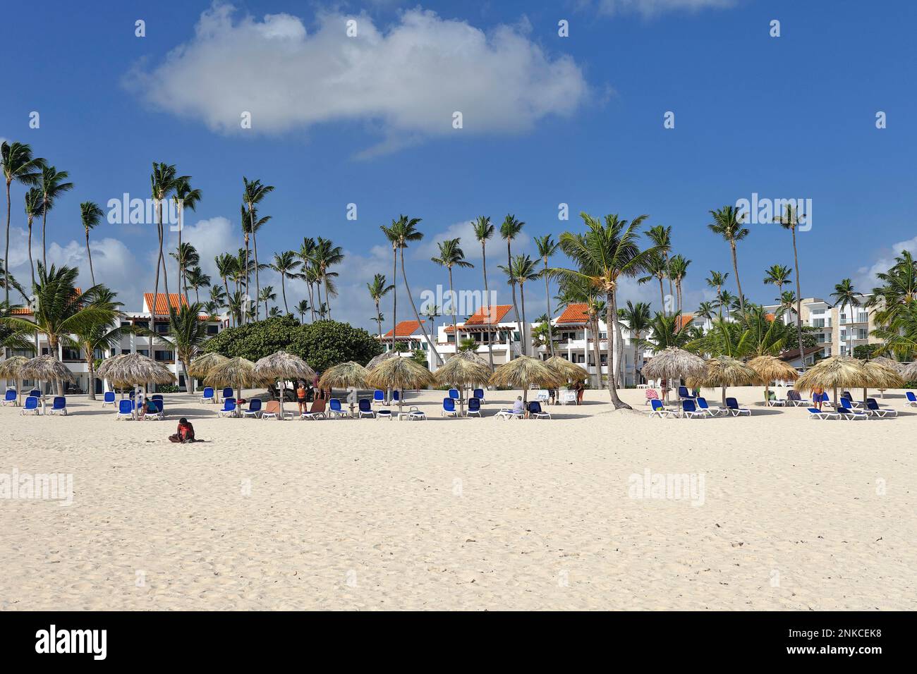 Resort con sombrillas de hoja de palma, Playa Los Corales Bávaro, Punta Cana, República Dominicana, Caribe, América Central Foto de stock
