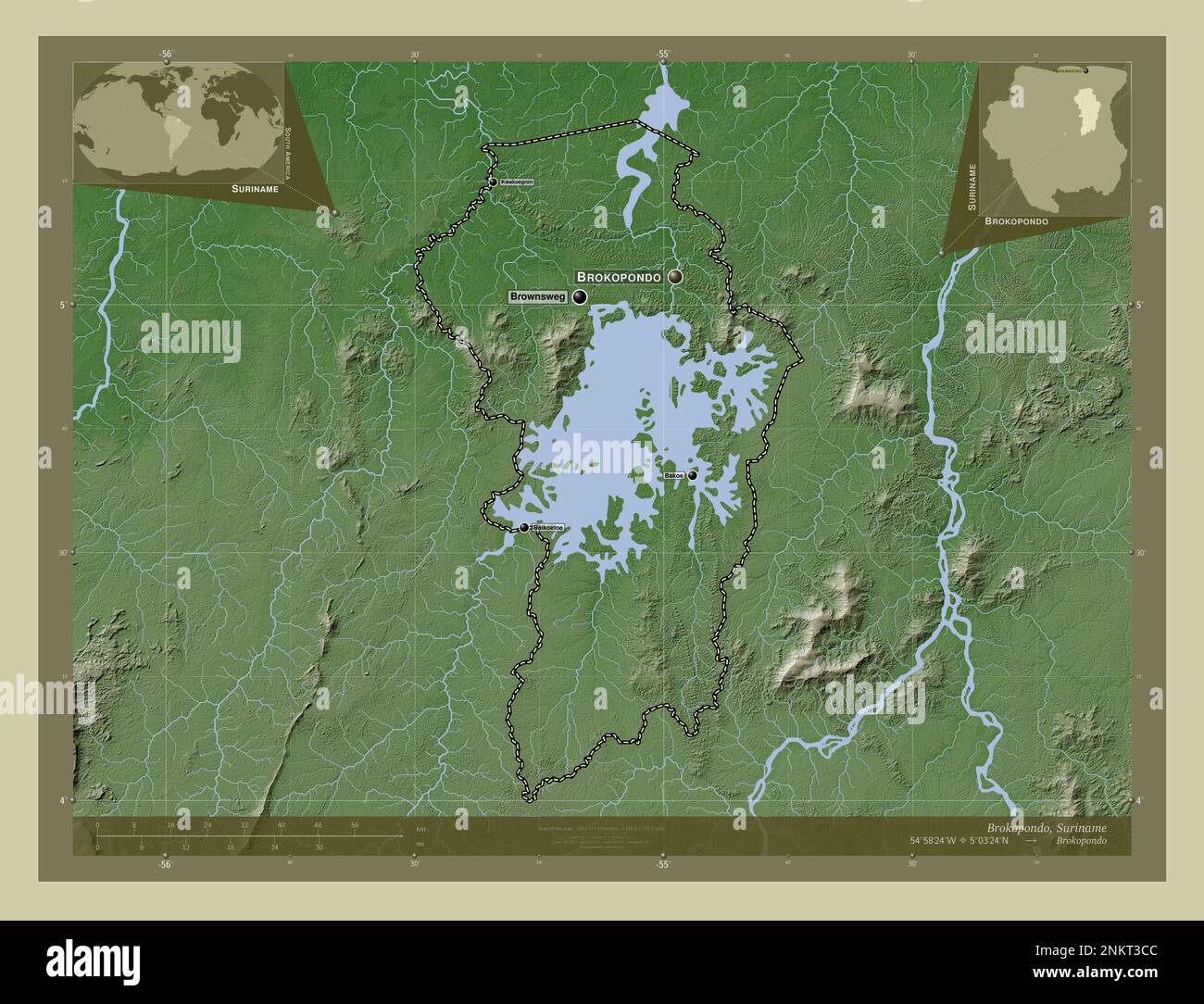 Brokopondo, distrito de Surinam. Mapa de elevación coloreado en estilo