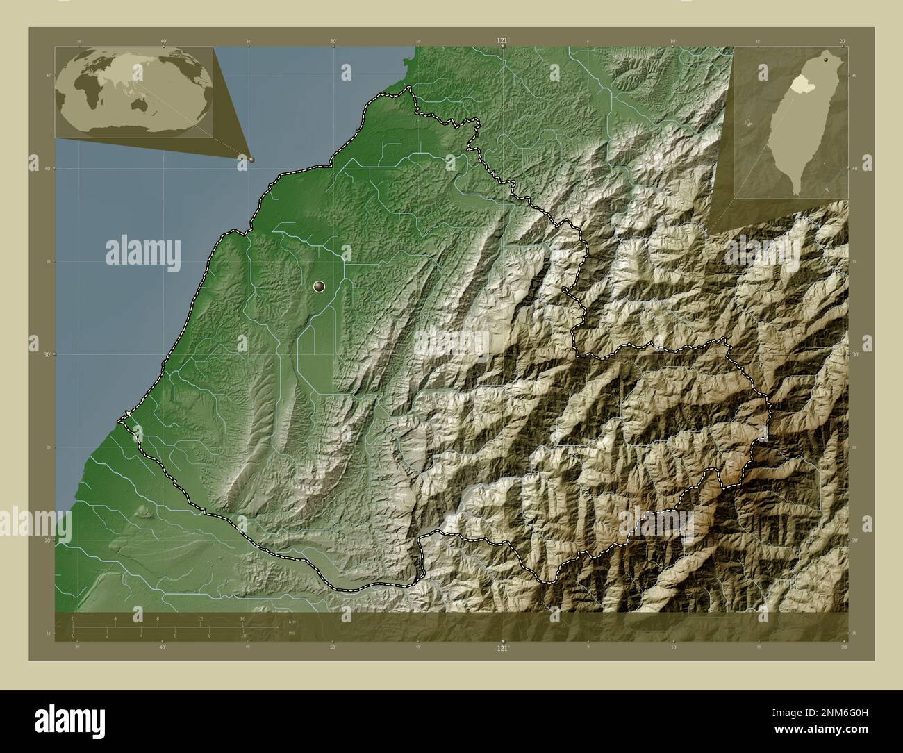 Miaoli, condado de Taiwán. Mapa de elevación coloreado en estilo wiki