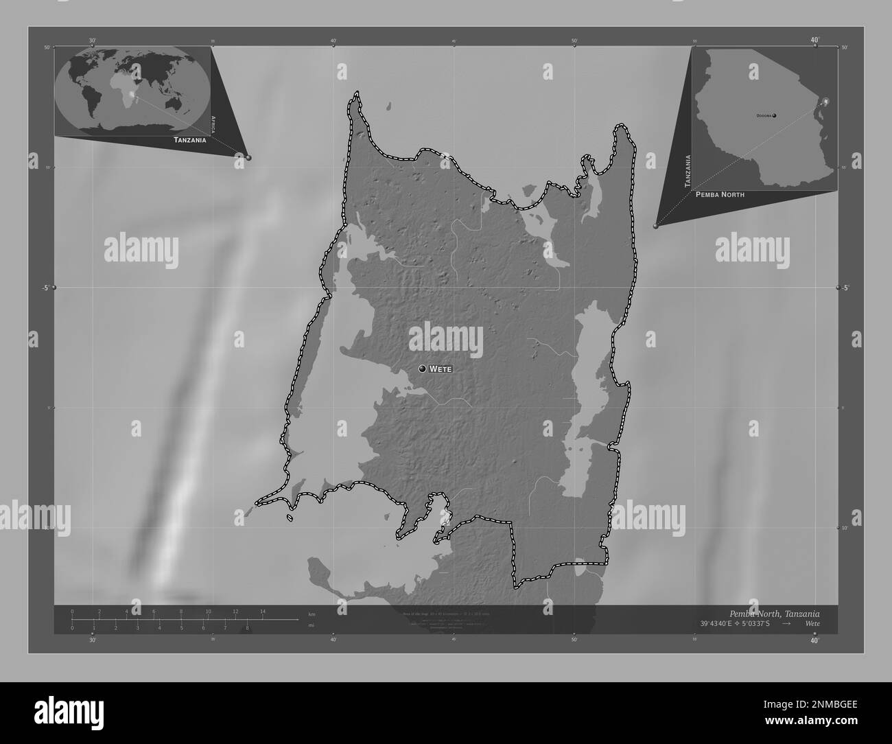 Pemba Norte, región de Tanzania. Mapa de elevación de dos niveles con