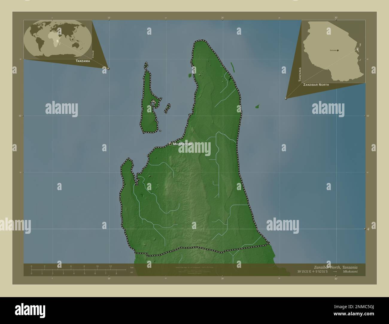 Zanzíbar Norte, región de Tanzania. Mapa de elevación coloreado en