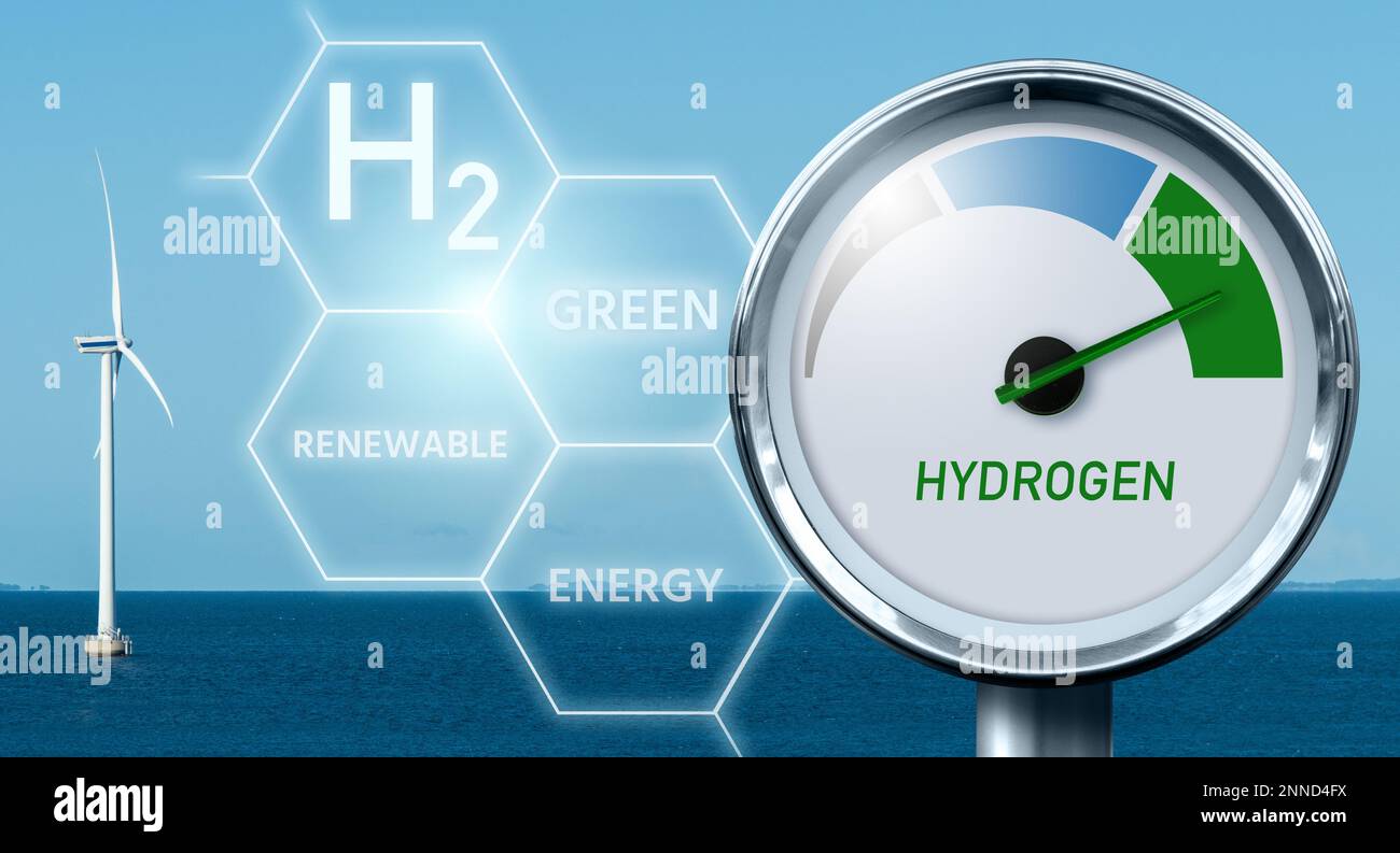 Indicador de hidrógeno con colores de árbol - gris, azul y verde. Concepto de producción de hidrógeno verde Foto de stock
