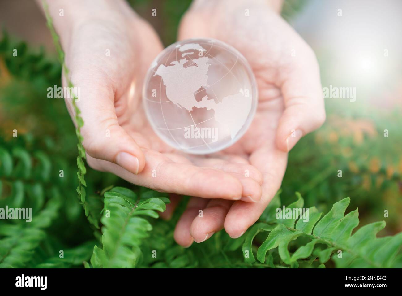 Mujer sostiene un modelo del planeta Tierra de vidrio. Símbolo del desarrollo sostenible y de las energías renovables Foto de stock