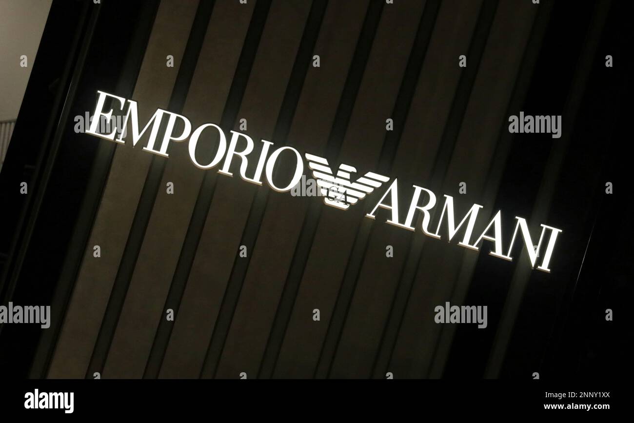 The logo of EMPORIO ARMANI is seen at Ginza district in Chuo Ward, Tokyo on  November 23, 2020. Giorgio Armani S.p.A. is an Italian luxury fashion house  founded by Giorgio Armani which