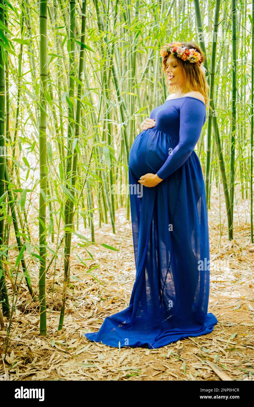Mujer embarazada en un bosque de bambú Foto de stock
