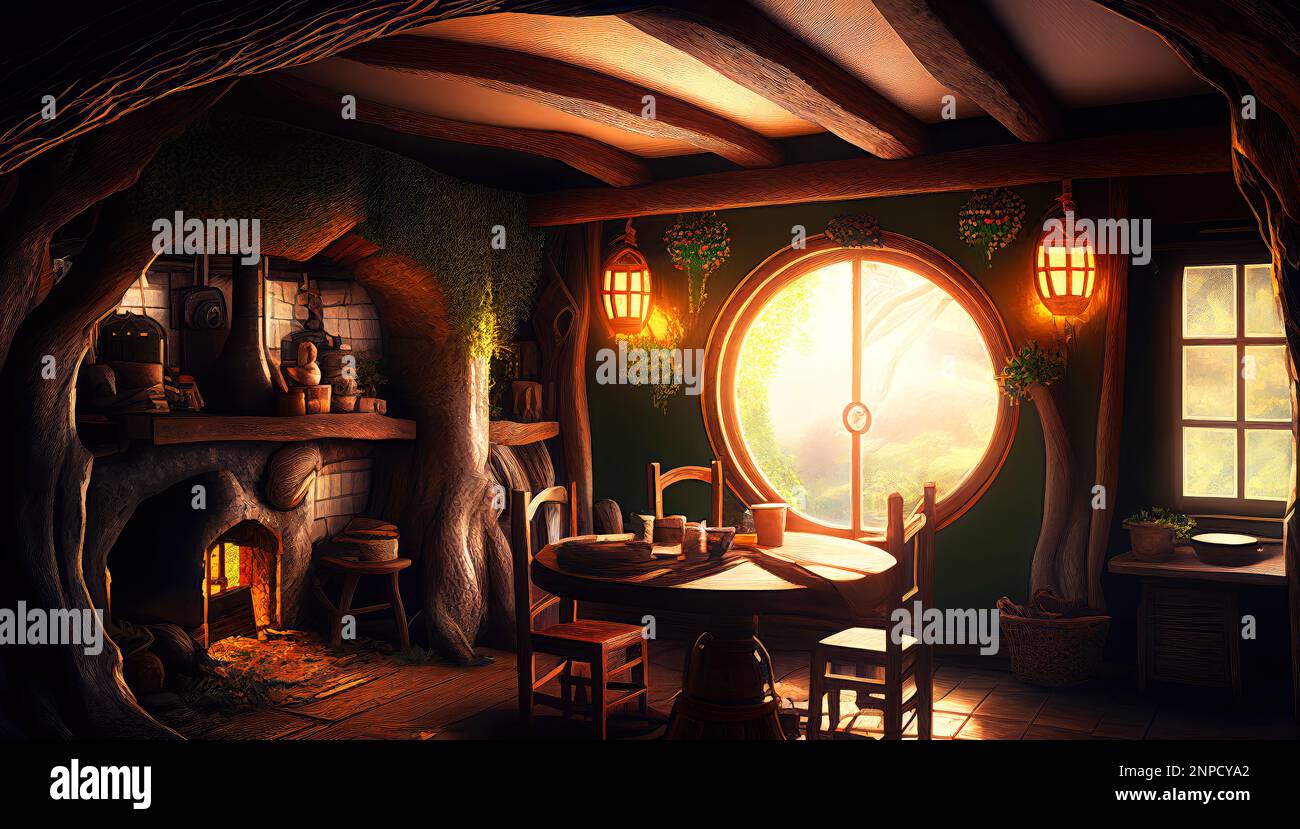 Una ilustración caprichosa de un interior de la casa de Hobbit, que le invita a un reino mágico. Foto de stock