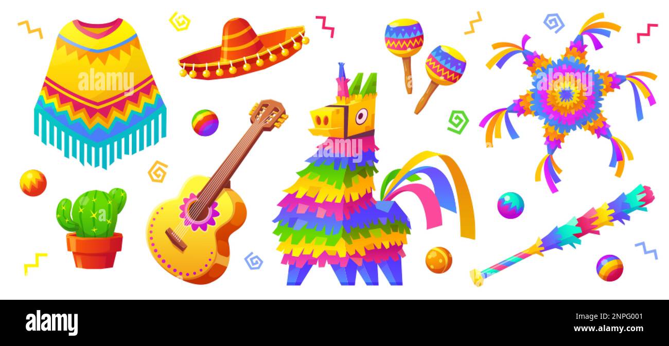 Conjunto de piñatas coloridas en estilo de dibujos animados ilustración  vectorial de juguetes mexicanos con golosinas para fiestas de cumpleaños  infantiles carnavales en forma de estrella de caballo y bola sobre fondo