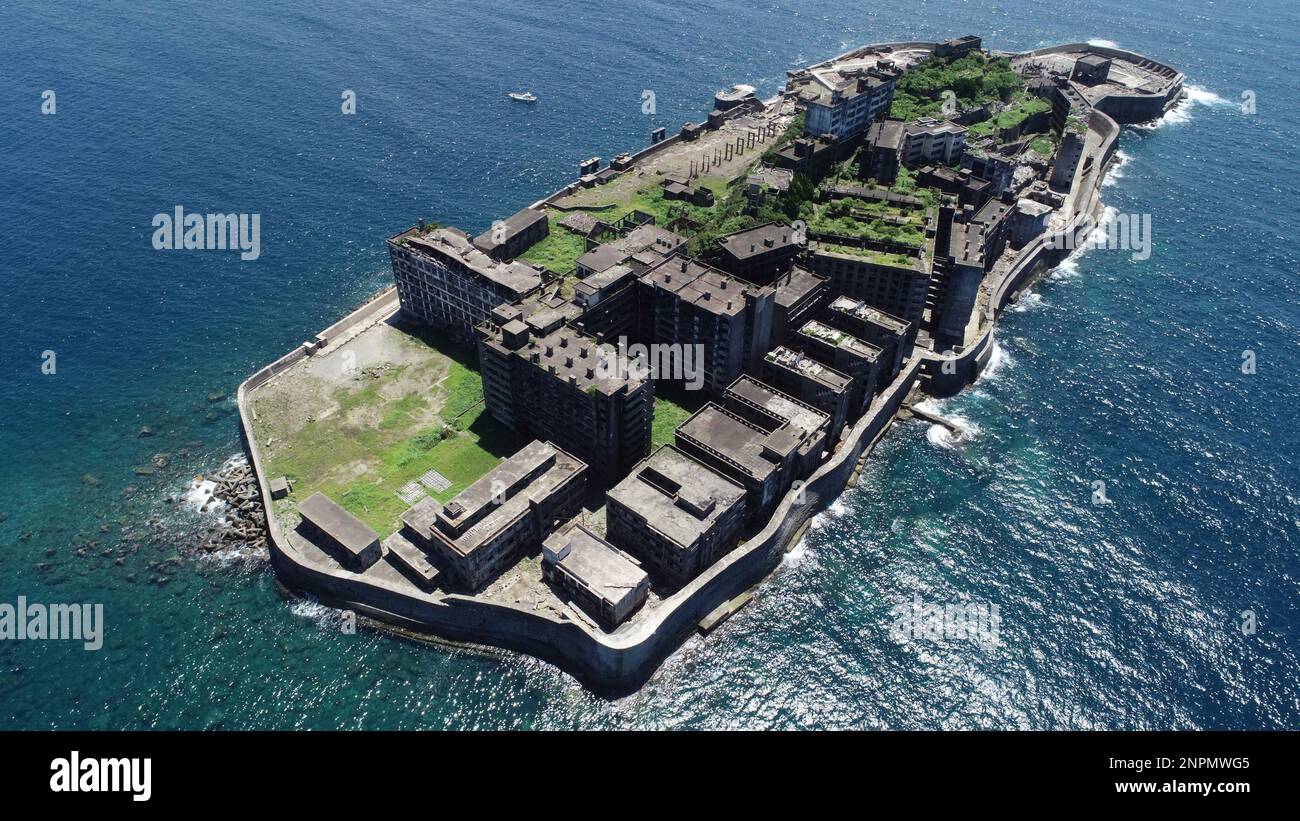 A drone photo shows Hashima Island (Gunkanjima / Battleship Island) in