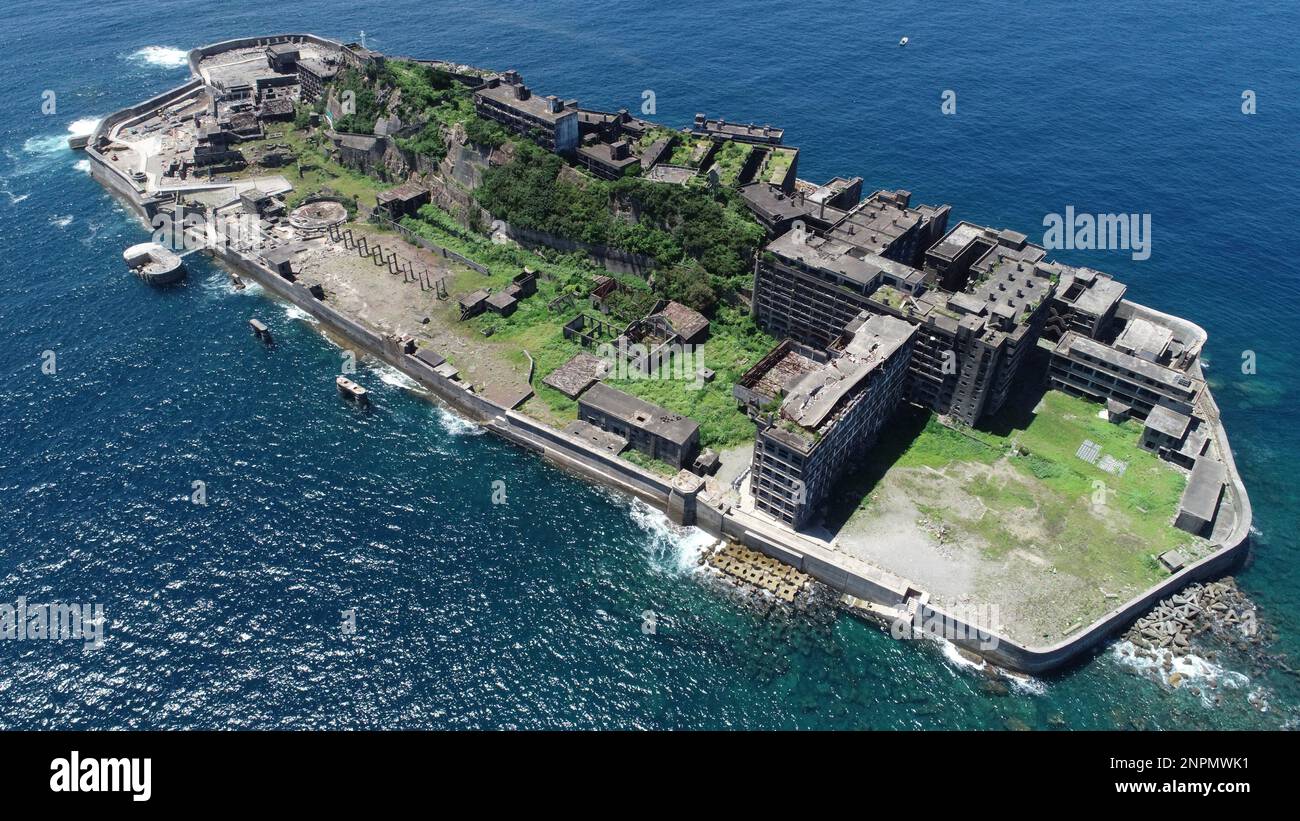 A drone photo shows Hashima Island (Gunkanjima / Battleship Island) in