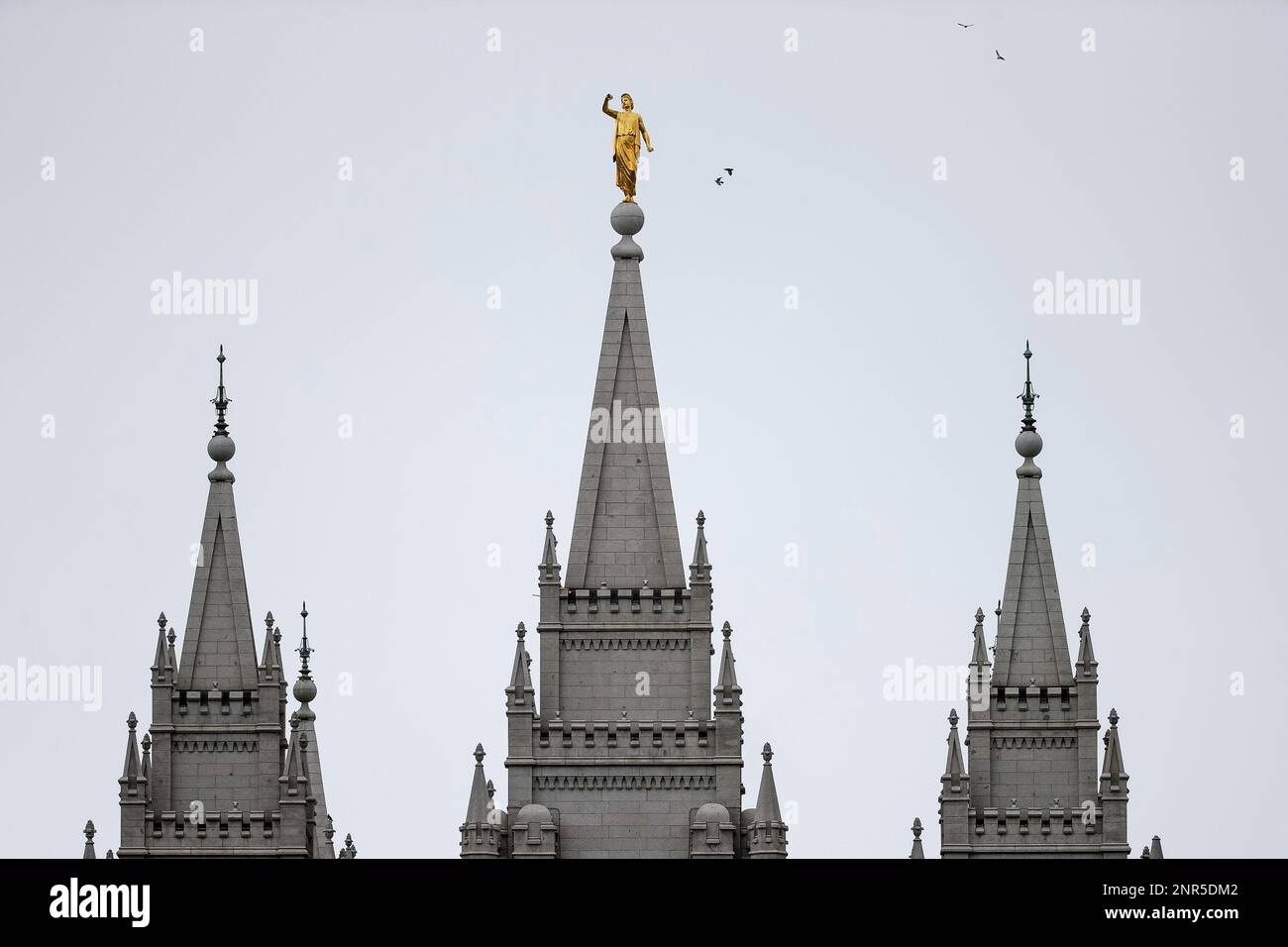 This Wednesday, March 18, 2020 photo shows the Angel Moroni statue atop