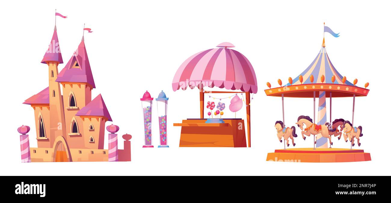 Conjunto de dibujos animados de elementos de diseño del parque de atracciones aislados sobre fondo blanco. Ilustración vectorial de edificio de castillo rosa de fantasía, carrusel con caballos de juguete, tienda de dulces con hilo dental de caramelo y piruletas Ilustración del Vector