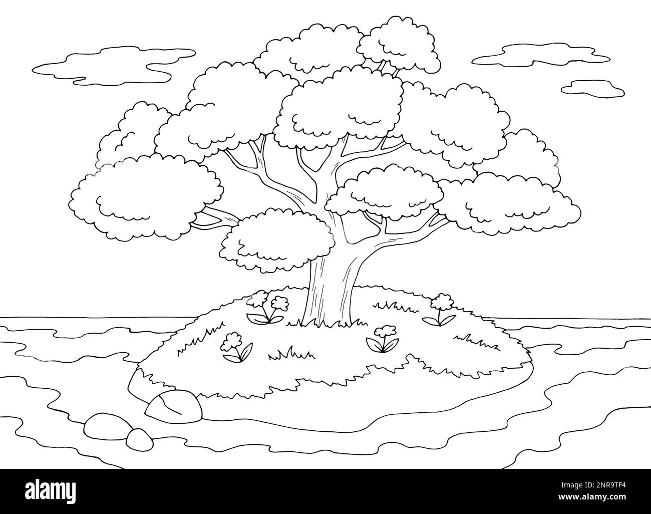 Árbol de la isla gráfico paisaje blanco negro ilustración vectorial Ilustración del Vector