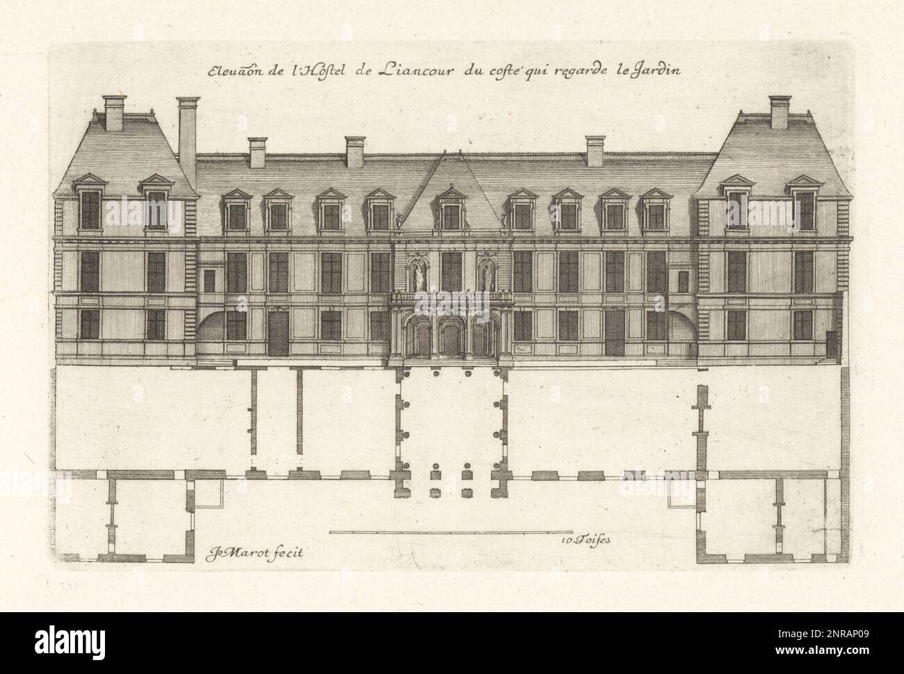 Elevación del lado con vistas al jardín del Hotel de Liancourt, una