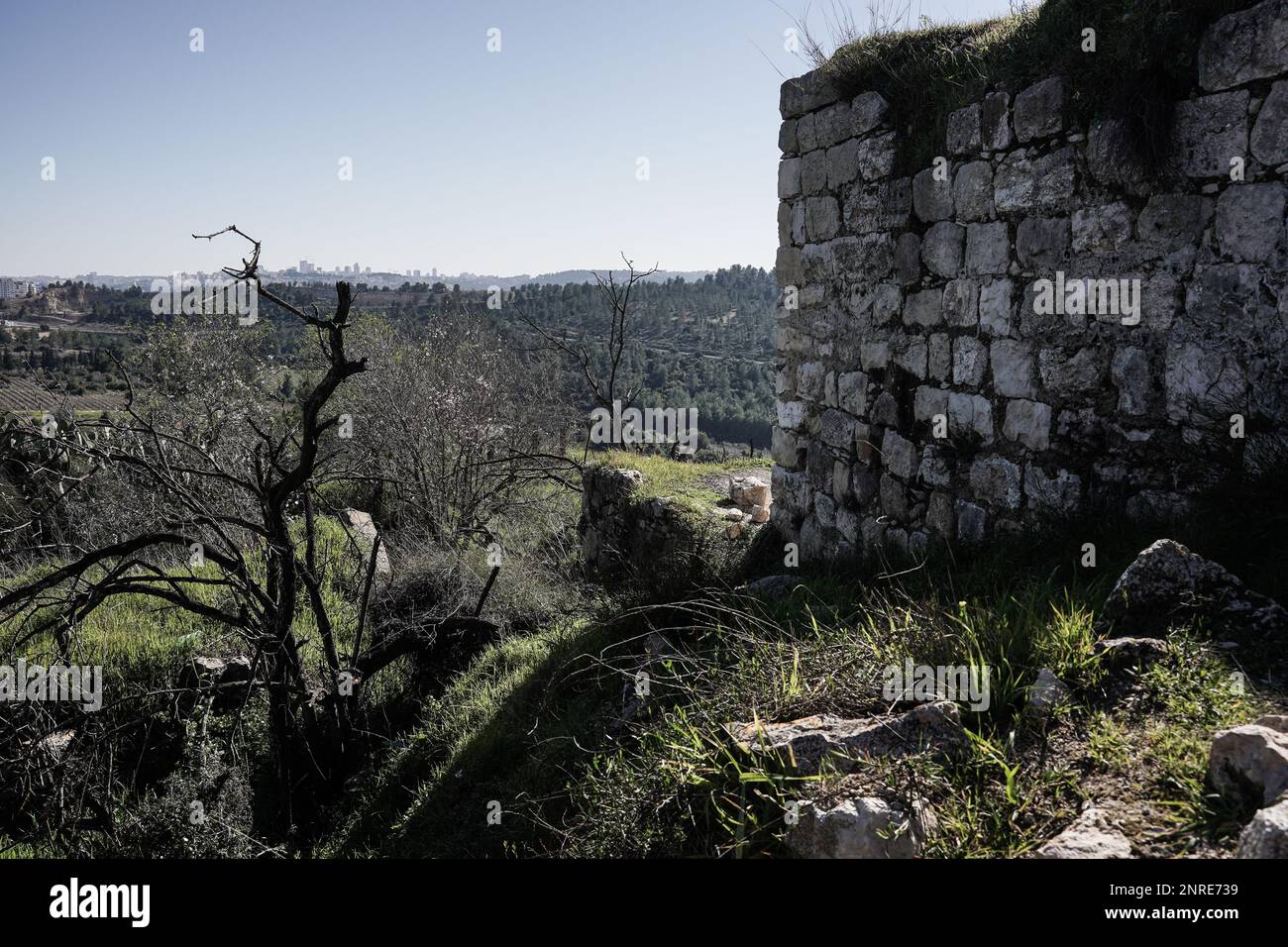 Una vista de Tel Tzuba en las colinas de Jerusalén y las ruinas de la fortaleza de los cruzados de Belmont, que se estima fueron construidas durante el reinado del rey Polk Foto de stock