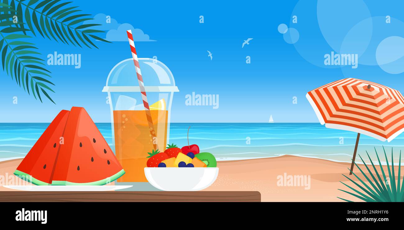 Fruta fresca y saludable y bebida en una mesa en la playa: Vacaciones de verano y concepto de estilo de vida saludable Ilustración del Vector