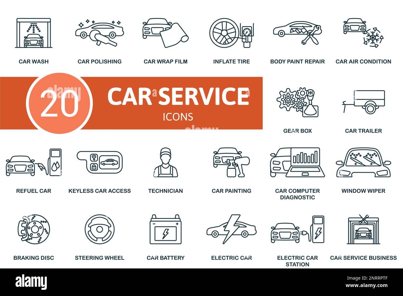 Conjunto de iconos de servicio del vehículo. Line Car Service colección de iconos. Lavado de