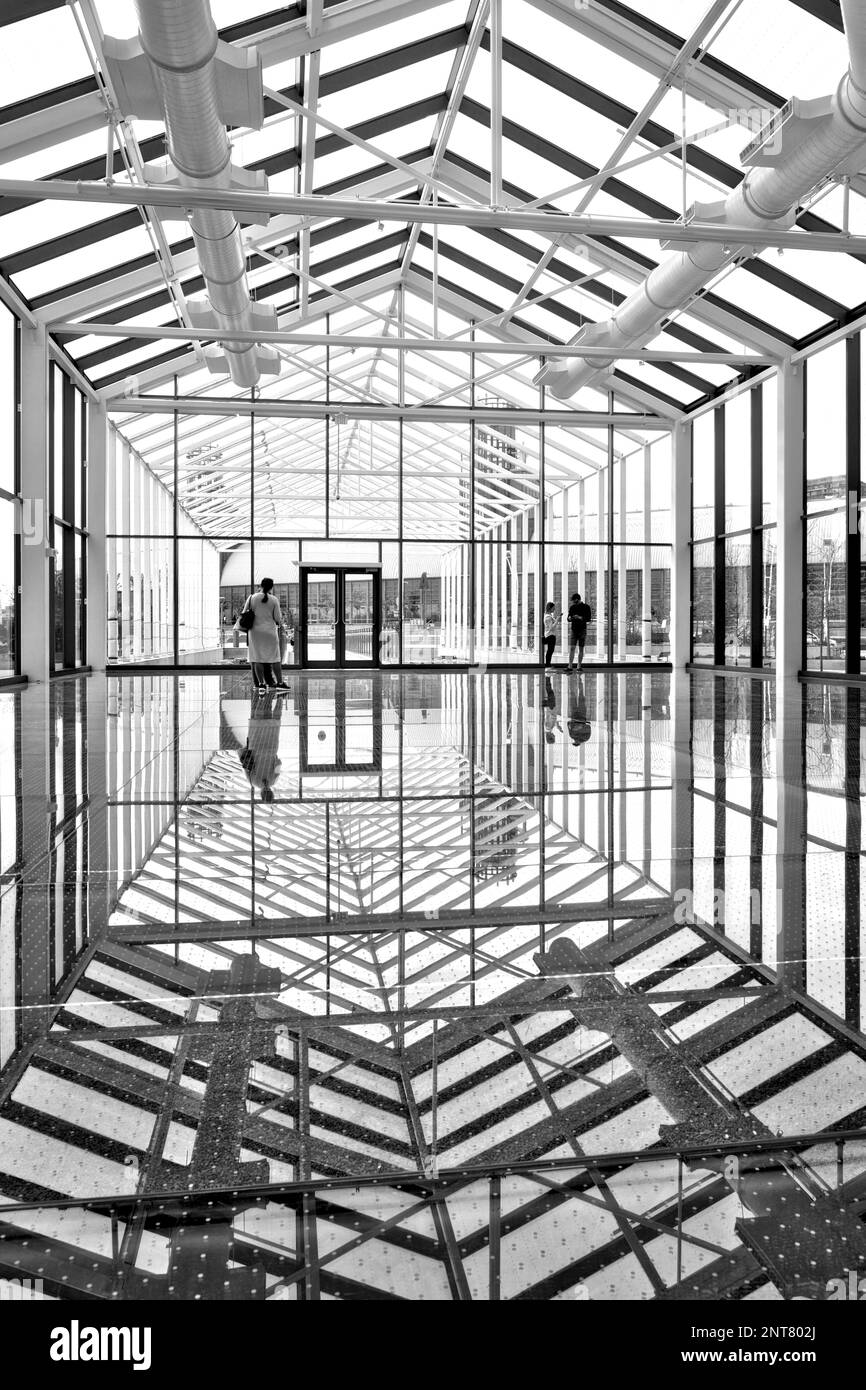 Toronto, ONTARIO / CANADÁ - 26 de mayo de 2019: Foto en blanco y negro de la forma geométrica de la cúpula de vidrio con la vista trasera de una pareja Foto de stock