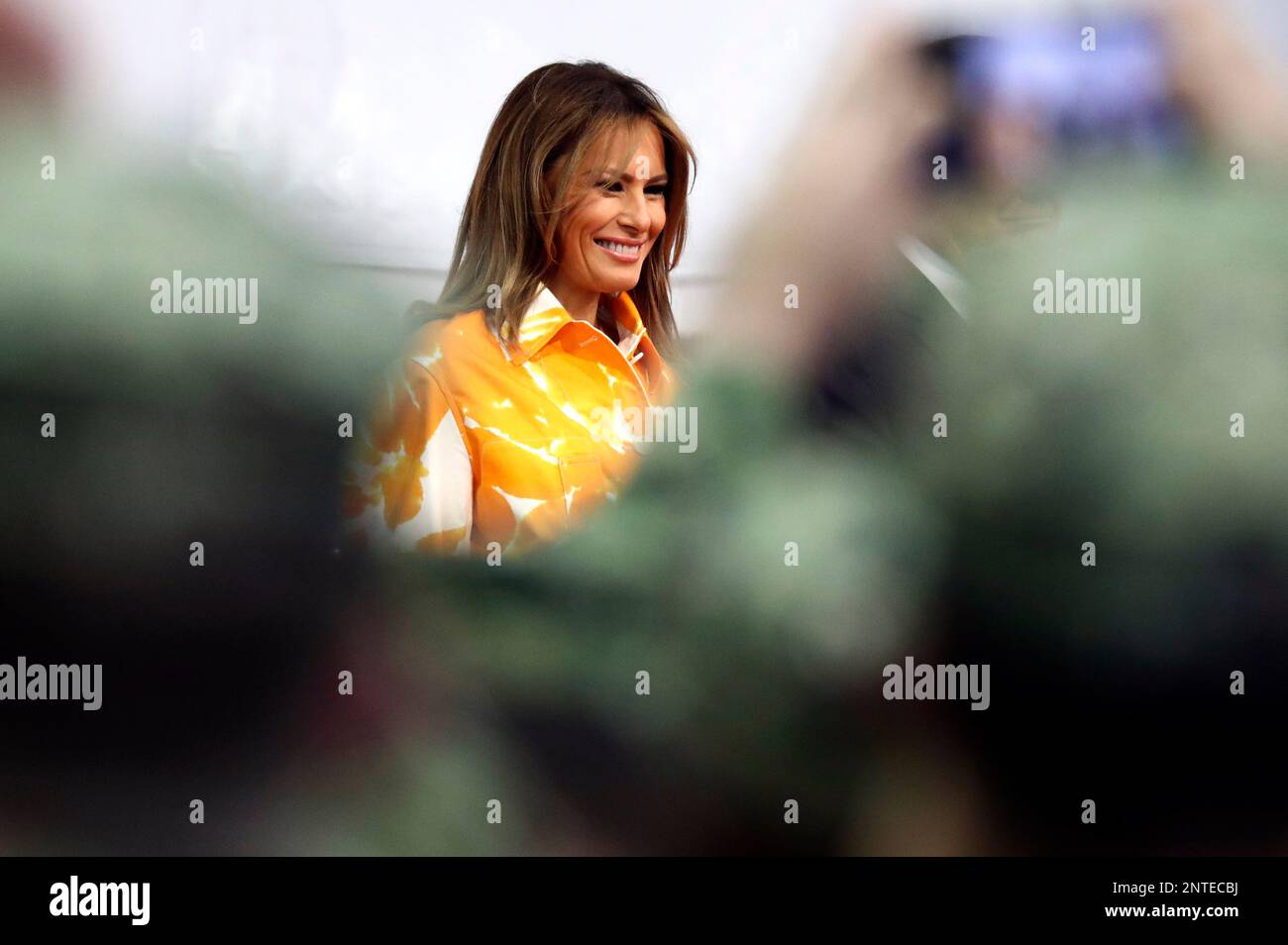 U.S. first lady Melania Trump smiles as she aboards Japan Maritime Self