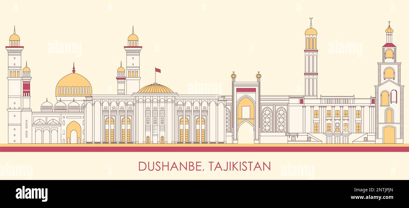 Panorama del horizonte de dibujos animados de la ciudad de Dushanbe, Tayikistán - ilustración vectorial Ilustración del Vector