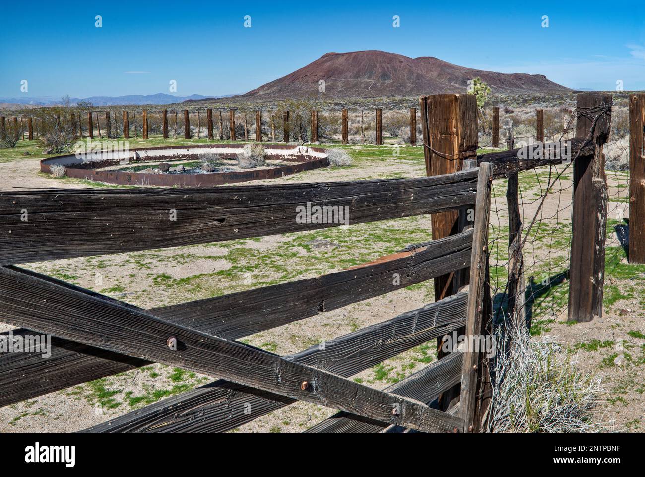 Tanque de agua, valla de corral, cono de ceniza en la distancia, Aikens Mine Road, Cinder Cones Lava Beds, Mojave Desert, Mojave National Preserve, California, EE.UU Foto de stock