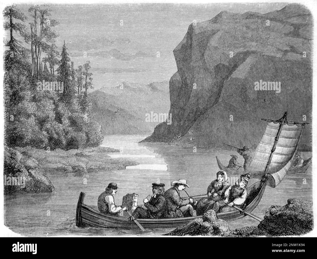 Botes de remo en el lago Skalka con las montañas escandinavas, o Scandes, Jokkmokk, Laponia o Sapmi región de Suecia. Grabado vintage o ilustración 1862 Foto de stock