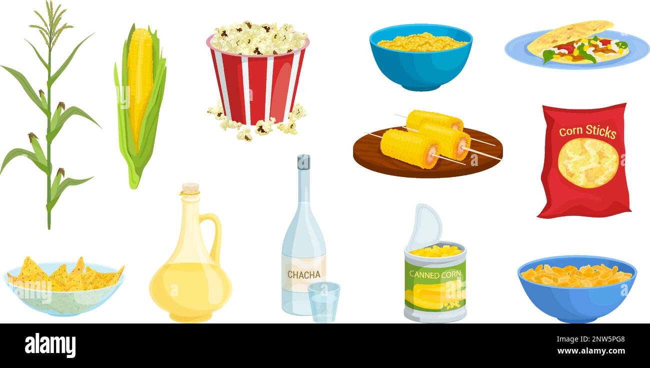 Productos de maíz con imágenes aisladas de palomitas de maíz de planta