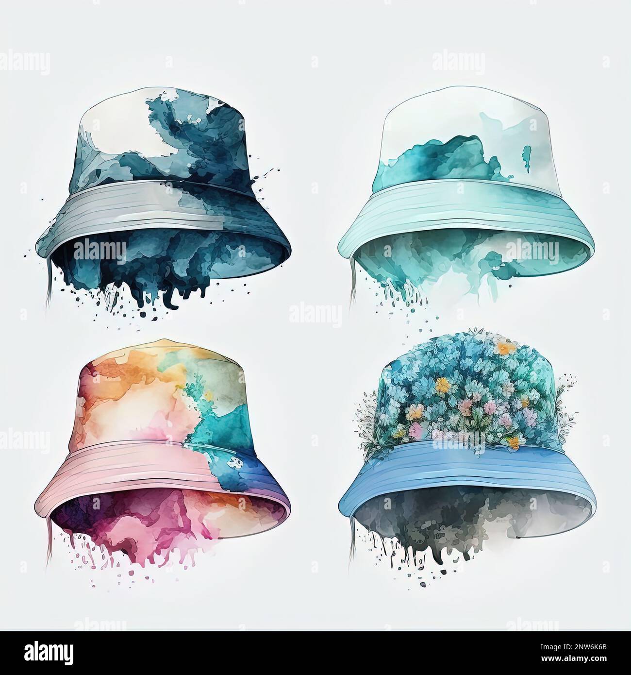 Conjunto de sombreros de cubo de acuarela en diseño colorido. Tendencia de  moda de 90s Fotografía de stock - Alamy