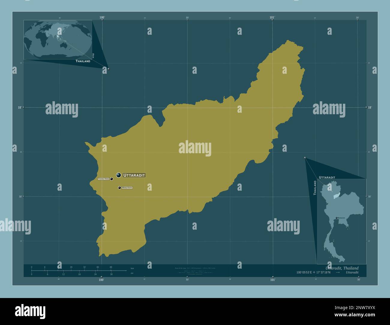 Uttaradit, provincia de Tailandia. Forma de color sólido. Ubicaciones y