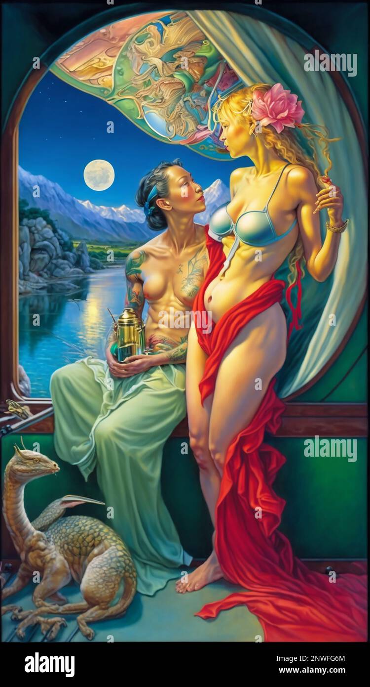 Midjourney AI pintura de fantasía artística de Diosa Lunar y amigo Foto de stock