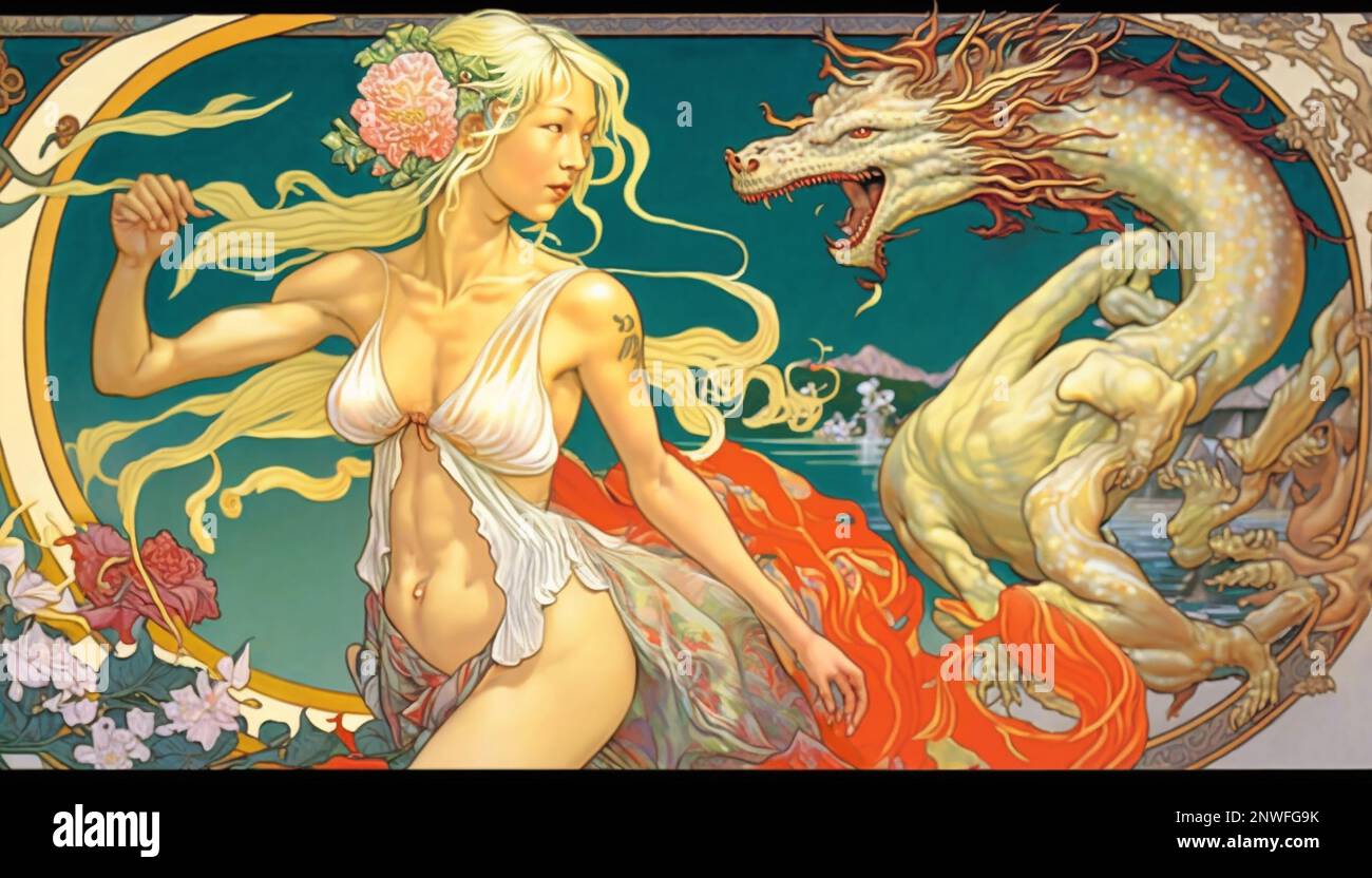 Midjourney AI pintura de fantasía de arte de la diosa lunar y el dragón asiático Foto de stock