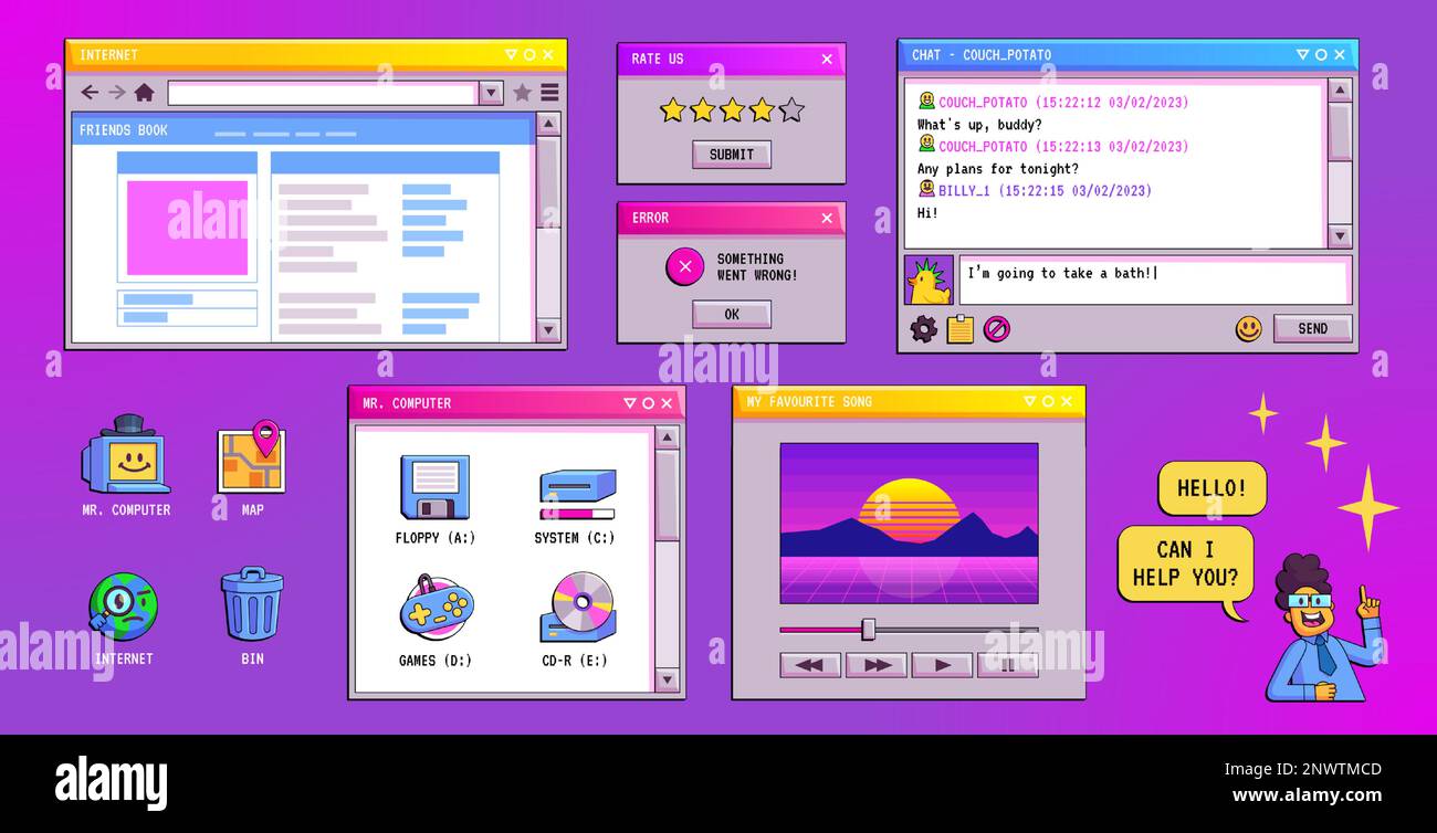 Interfaz de pantalla de ordenador retro en estilo gráfico 90s. Interfaz Interfaz de pantalla de ordenador retro en estilo gráfico 90s. Interfaz