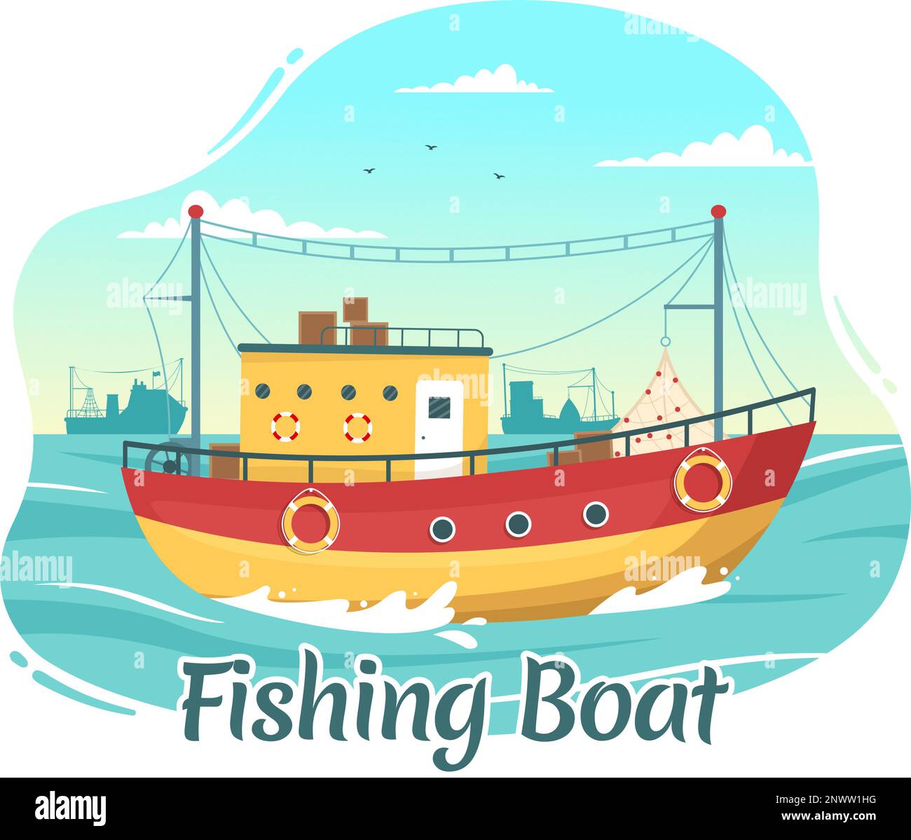 Ilustración de barco de pesca con pescadores de caza de peces usando barco para banner web o página de aterrizaje en dibujos animados planos Dibujado a mano Plantillas vectoriales Ilustración del Vector