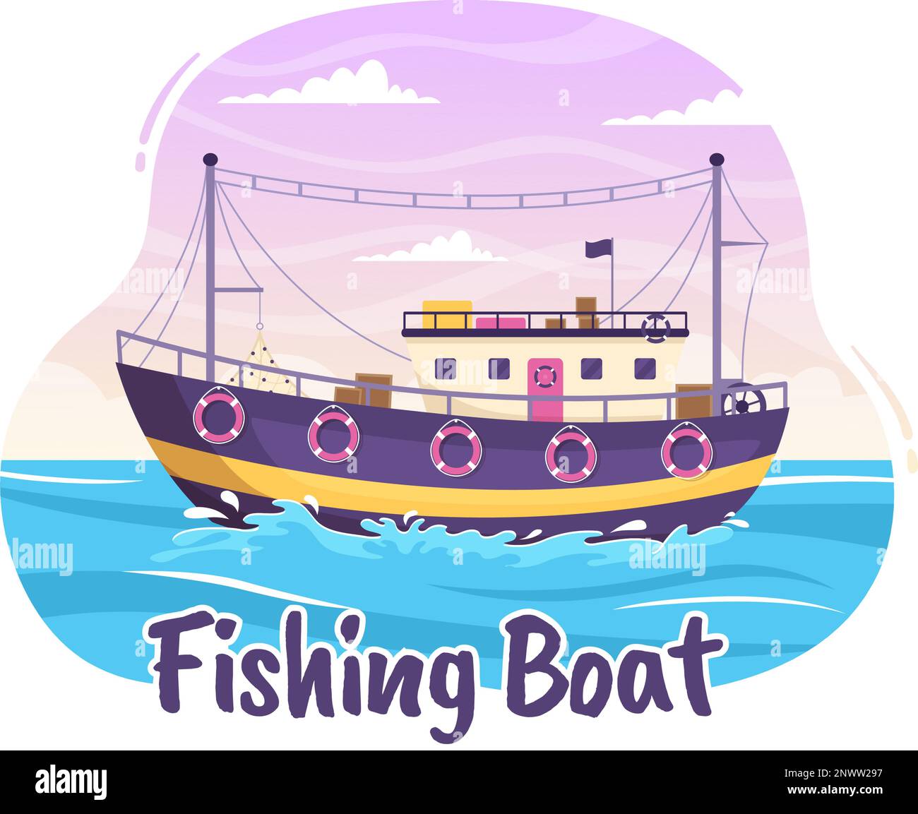 Ilustración de barco de pesca con pescadores de caza de peces usando barco para banner web o página de aterrizaje en dibujos animados planos Dibujado a mano Plantillas vectoriales Ilustración del Vector