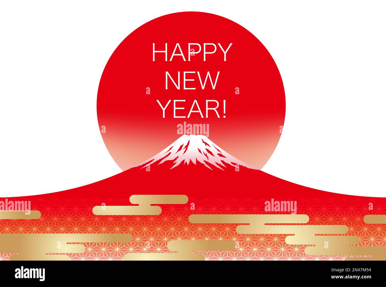 Vector Plantilla de tarjeta de felicitación de año nuevo con Red Mt. Fuji y el Sol Naciente. Ilustración del Vector