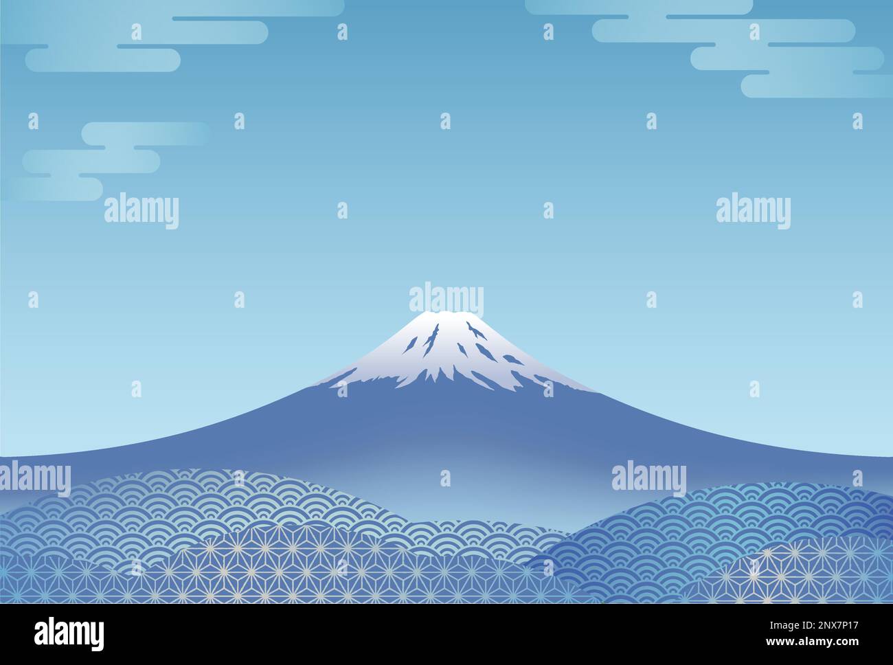Vector Plantilla de tarjeta de felicitación de año nuevo con azul Mt. Fuji. Ilustración del Vector