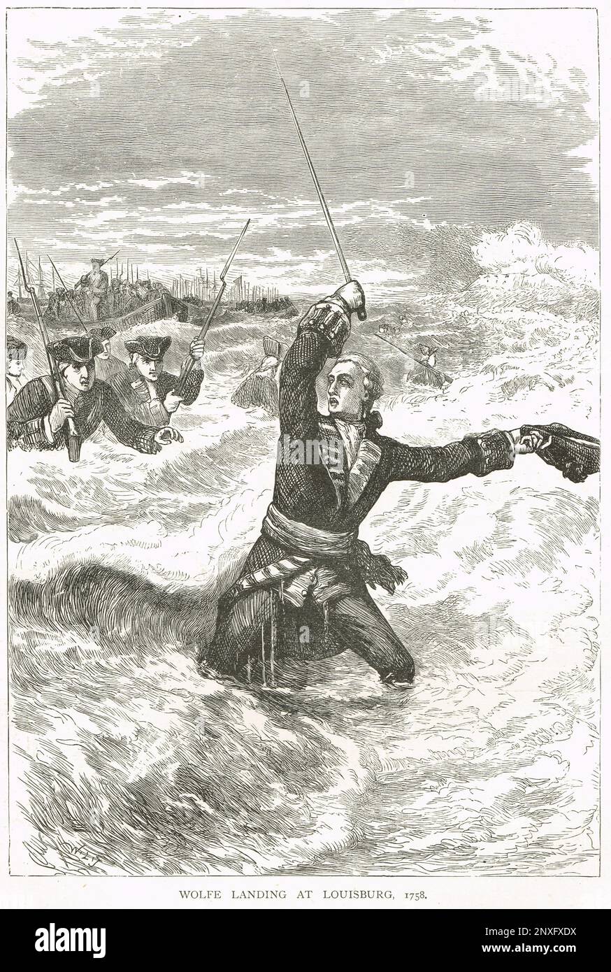El General de Brigada James Wolfe aterrizó en el asedio de Louisbourg, Nueva Escocia, Canadá, 1758 Foto de stock