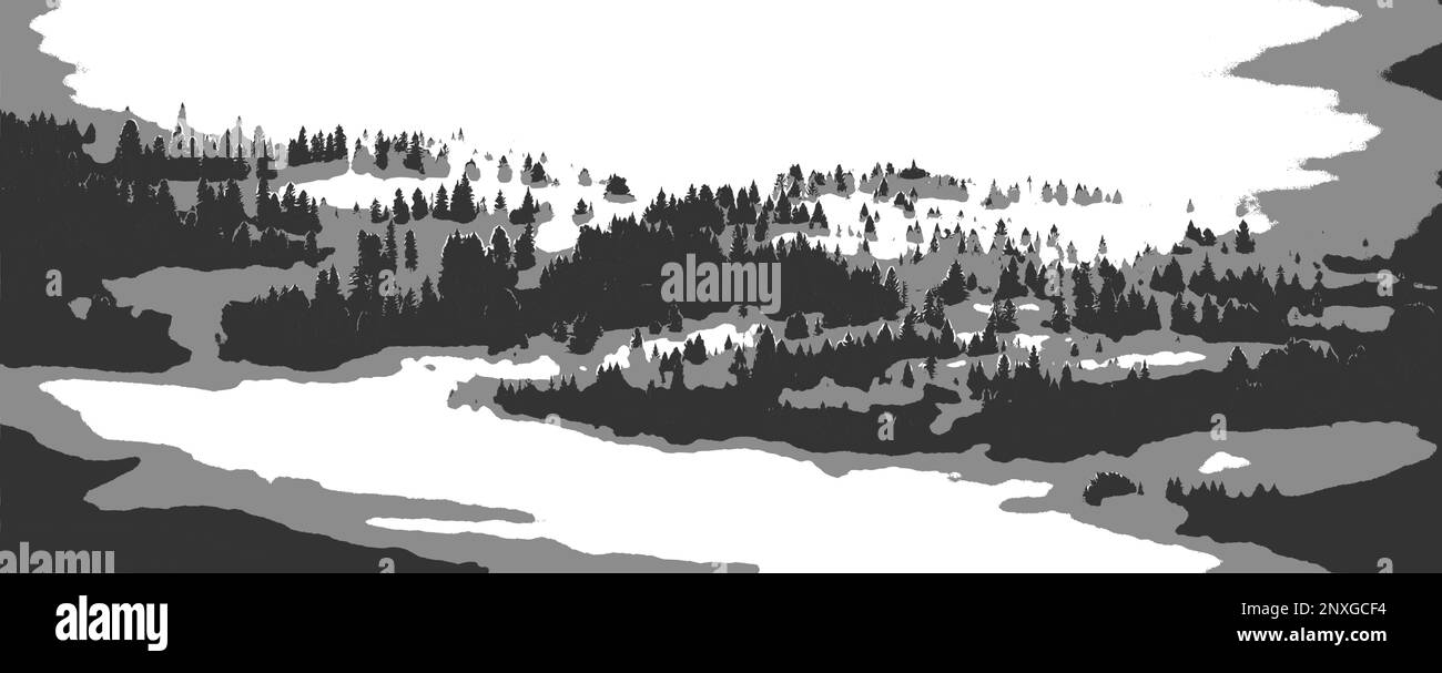 Auténtico bosque de coníferas en la niebla de la mañana, paisaje de montaña blanco y negro. Montañas de los Cárpatos, Polonia. Ilustración del Vector