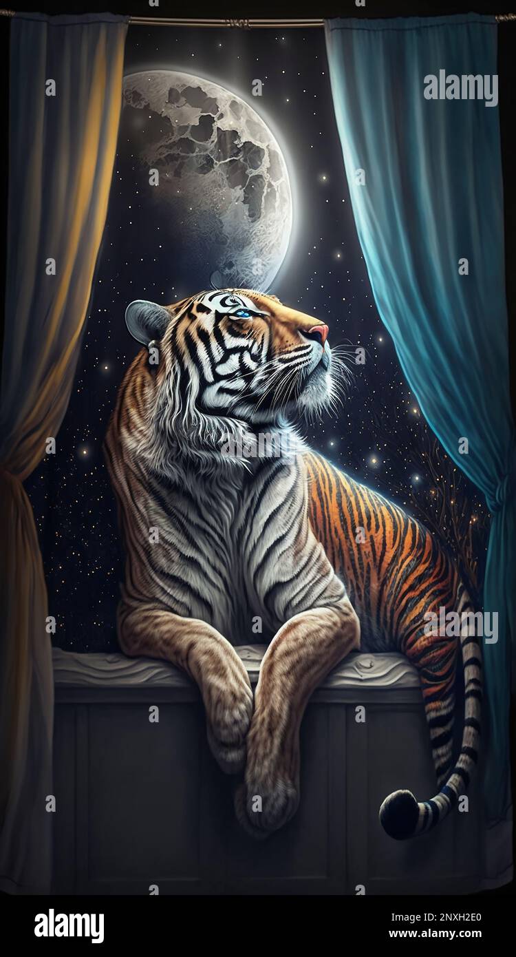 Midjourney AI pintura de fantasía artística de un tigre y luna llena Foto de stock