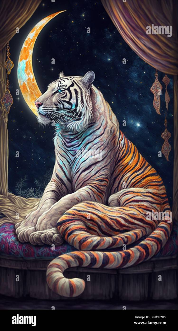Midjourney AI pintura de fantasía artística de un tigre y luna llena Foto de stock
