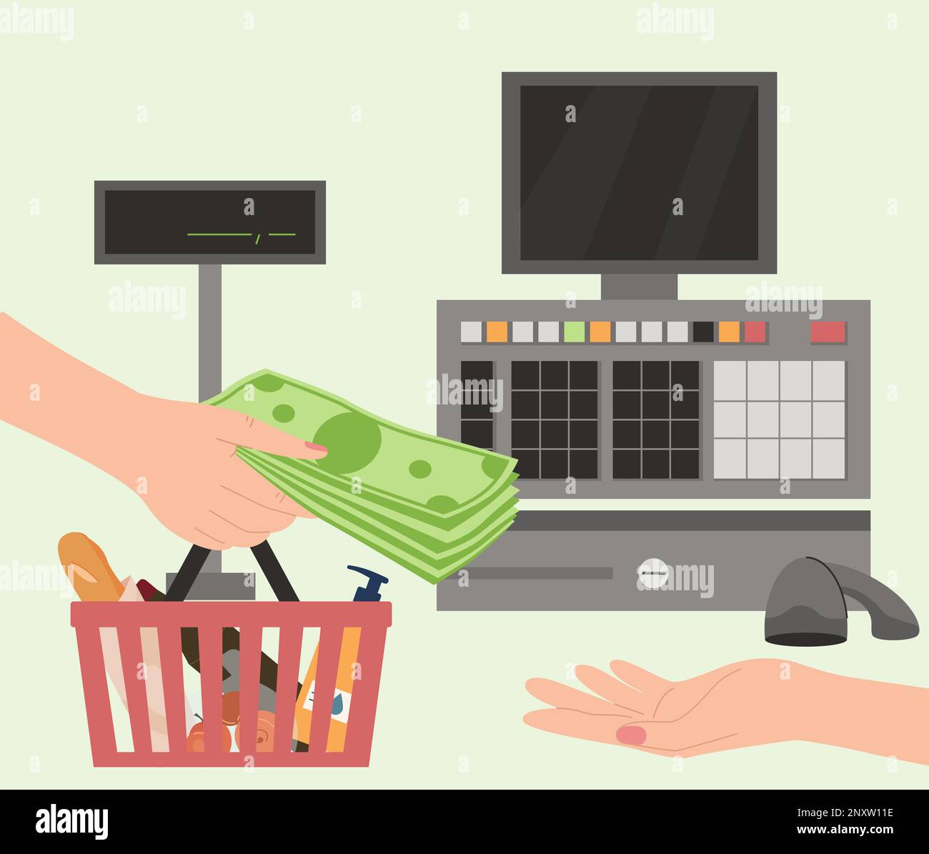 Factibilidad Norteamérica Dolor Manos con composición plana de dinero con vista de la cesta de la compra de los electrodomésticos de pago del supermercado y el dinero en efectivo dando ilustración vectorial Imagen Vector de Factibilidad Norteamérica Dolor Manos con composición plana de dinero con vista de la cesta de la compra de los electrodomésticos de pago del supermercado y el dinero en efectivo dando ilustración vectorial Imagen Vector de
