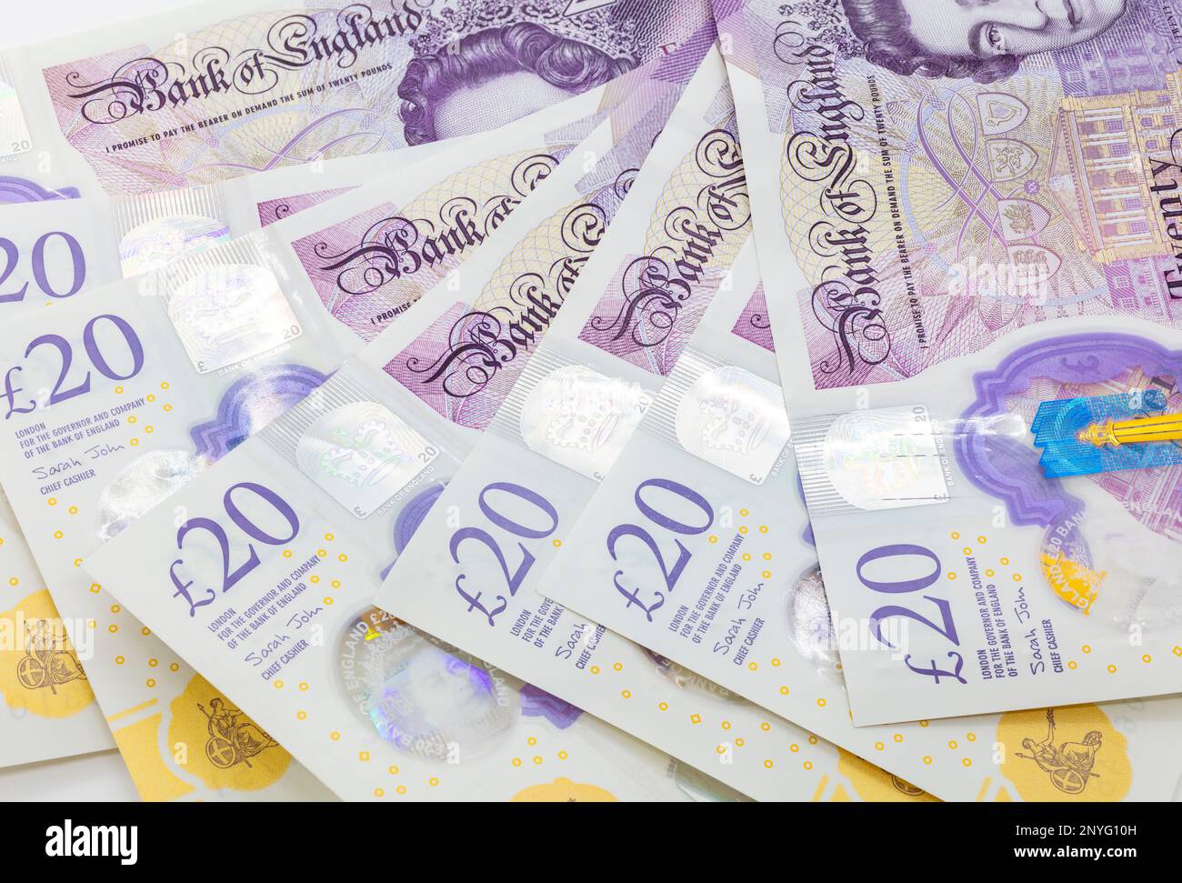 Dinero del reino unido Moneda del dinero británico libra esterlina billetes de libras esterlinas GB del Reino Unido billetes ingleses británicos fan de billetes de £20 Foto de stock