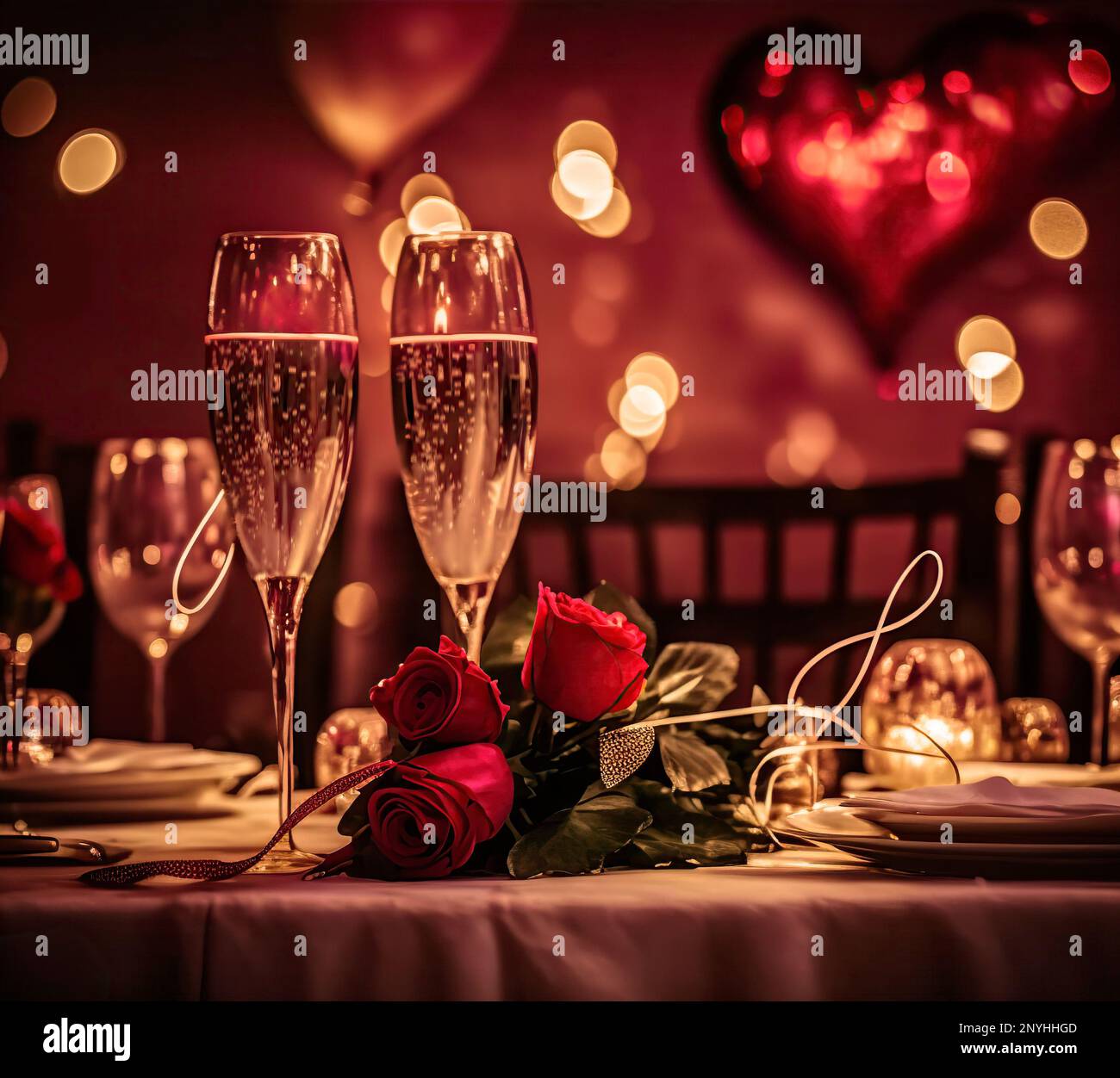 Una mesa de cena bellamente arreglada para una noche romántica con copas de champán, rosas, globos y otros artículos decorativos Foto de stock
