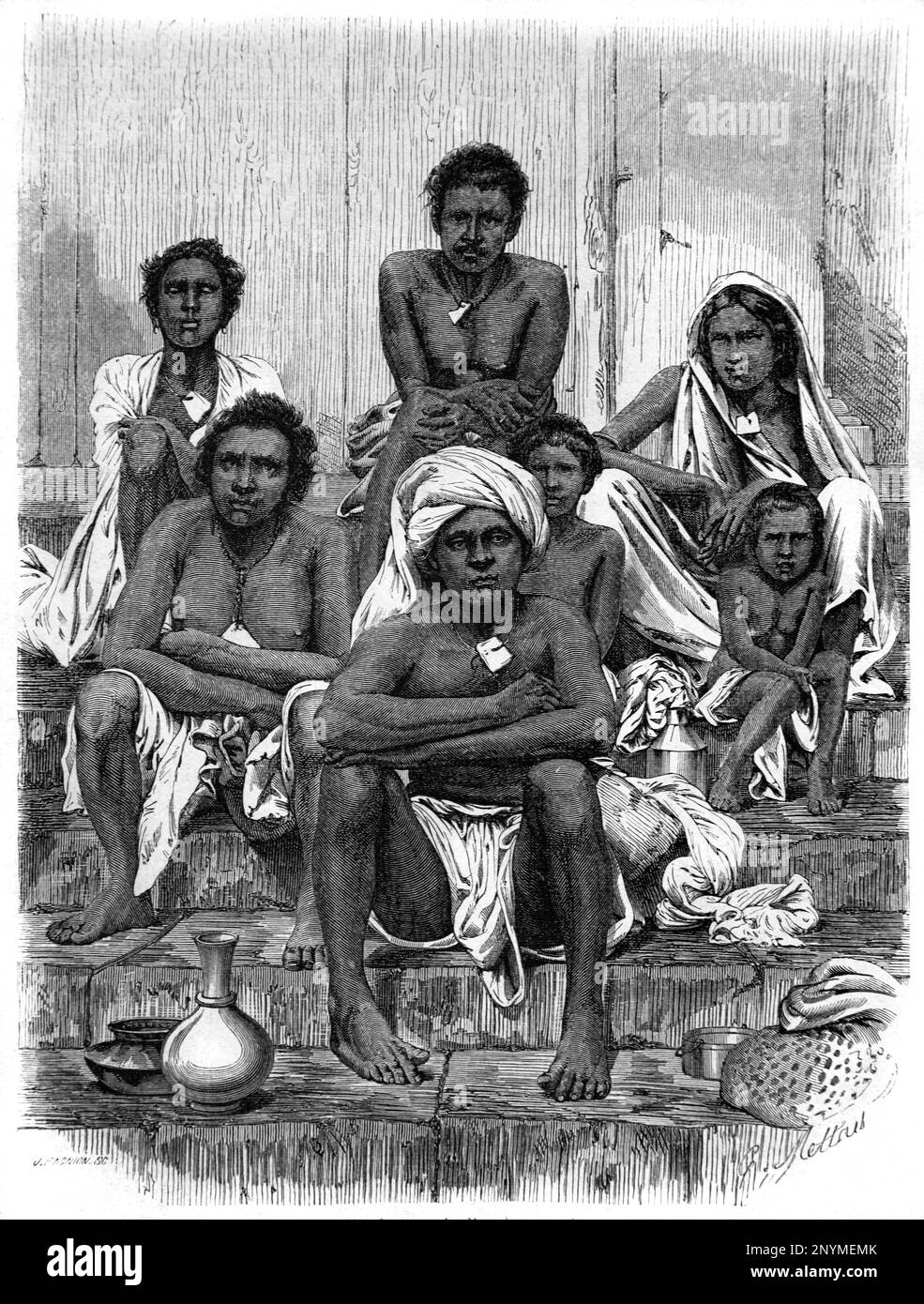 Grupo de trabajadores indios conocidos como Malbars o Malabares, indios