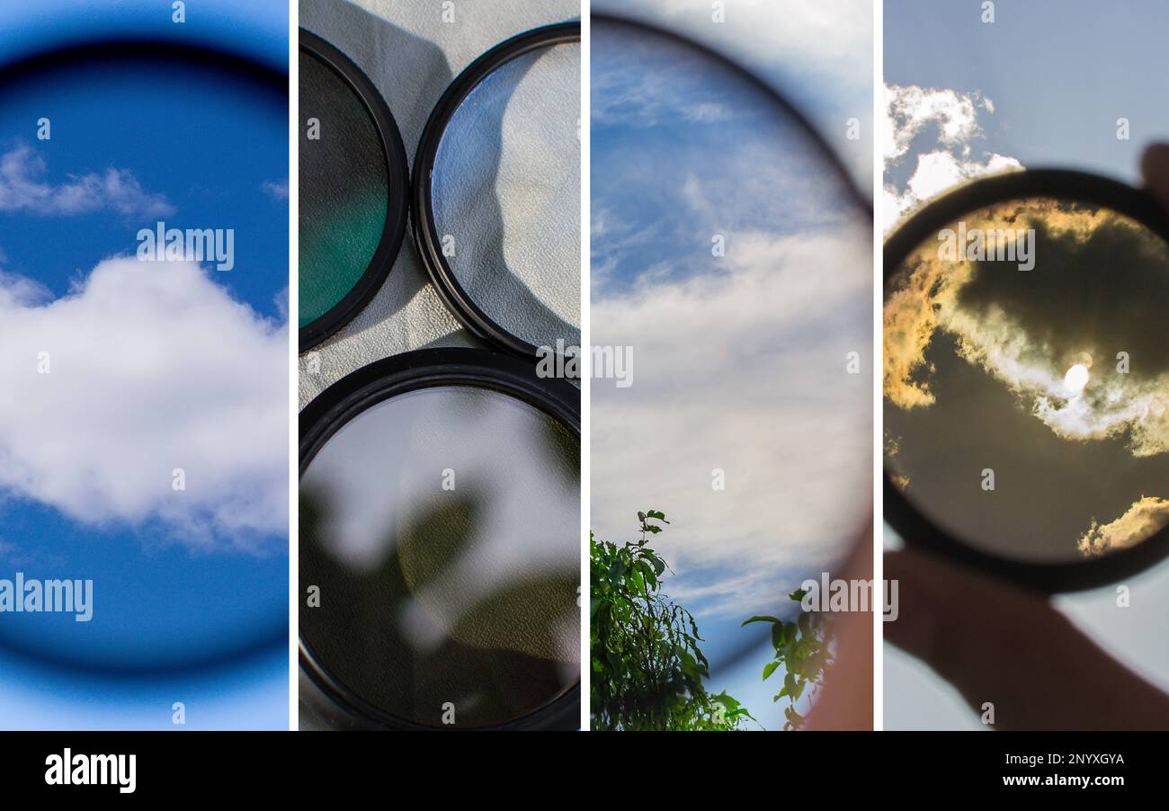 Filtro polarizador collage para la lente de la cámara en la fotografía.  Formato cuadrado Fotografía de stock - Alamy