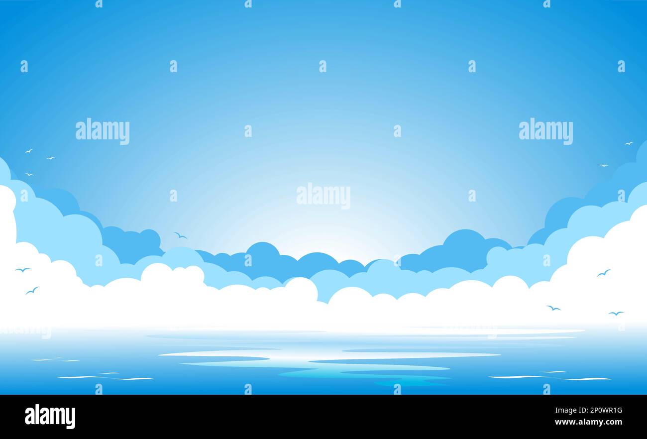 Cielo azul con nubes y siluetas de gaviotas sobre el mar azul. Copie el espacio para el texto. Vector plantilla de fondo para publicidad flayer o web head Ilustración del Vector
